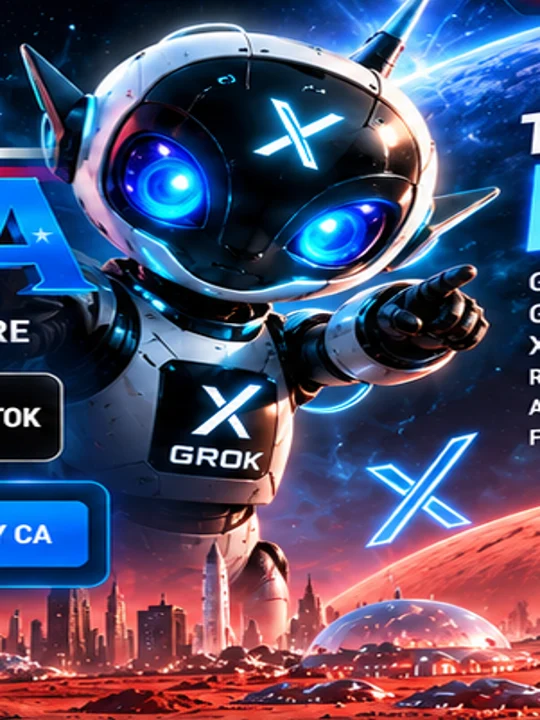 Fan-created futuristic blue-eyed Grokbot mascot in a space setting